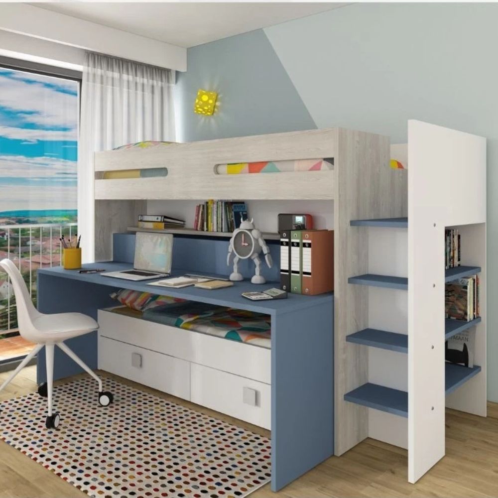 Letto a castello Formy per bambino con scrivania e letto estraibili colore bianco e celeste