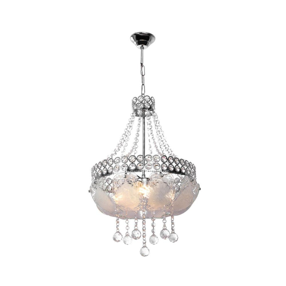 Plafonnier 70 cm en métal et verre décoré couleur argent et pierres effet cristal
