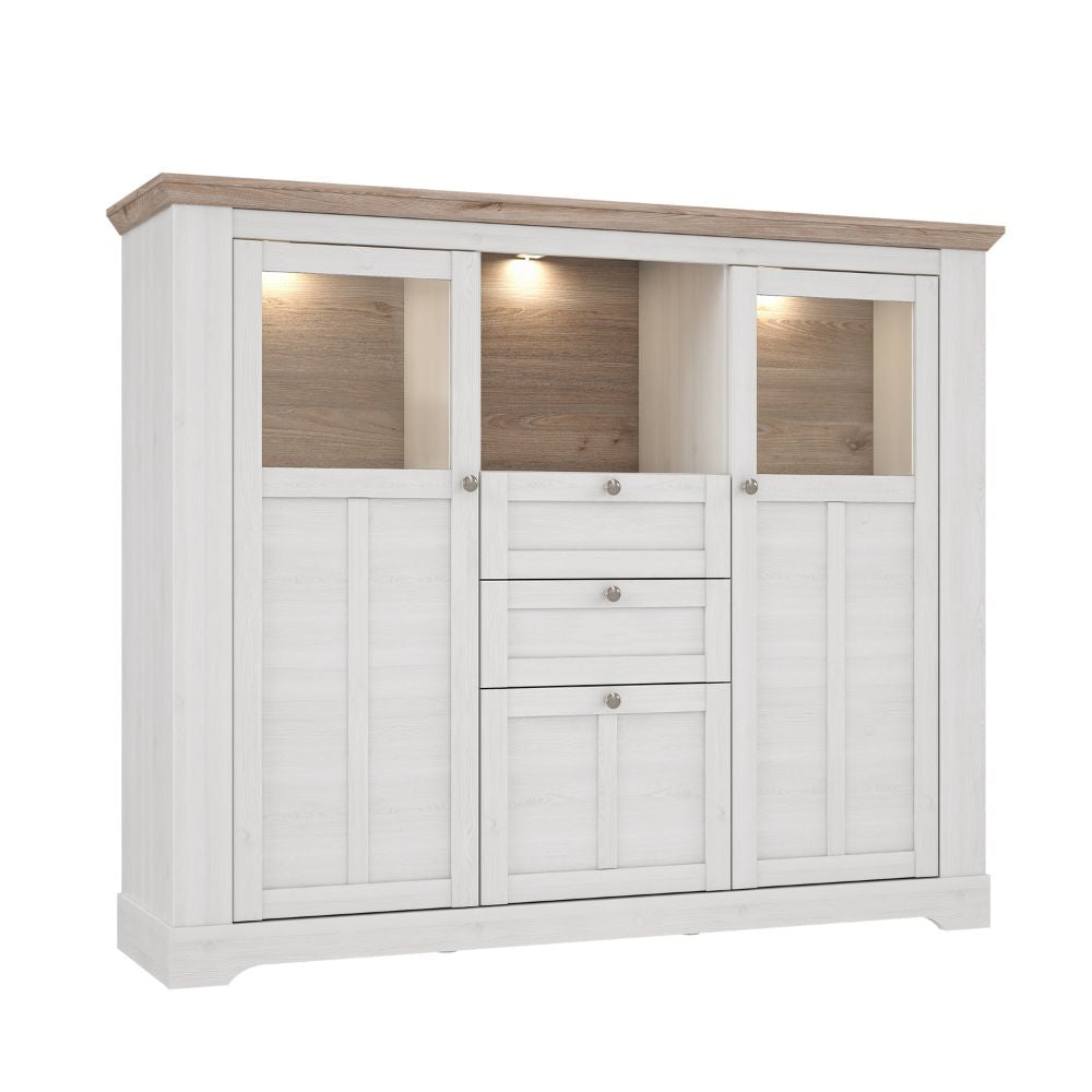 Credenza 3 ante in vetro temperato e luci LED rovere bianco neve e olmo scuro Forma