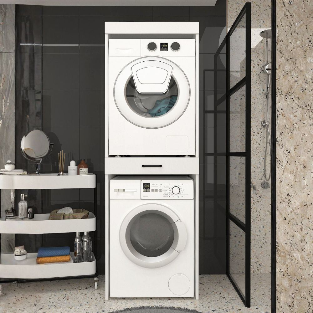 MEUBLE COLONNE LAVE-LINGE ET SÈCHE-LINGE FIKA AVEC TIROIR SUPPORT COULEUR BLANC