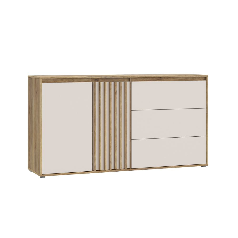 Madia con 3 cassetti e anta cannettata colore rovere e cashmere Neutra