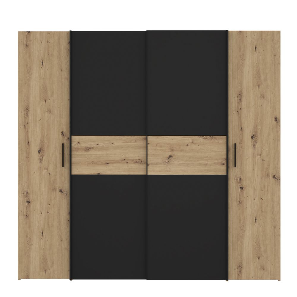 Armadio 4 ante rovere e nero con ante scorrevoli e battenti 200x61x190H Teodoro