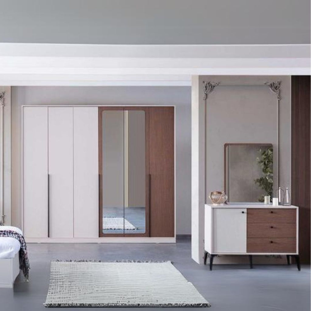 Camera da letto con armadio con specchi e letto contenitore colore beige - Piedra