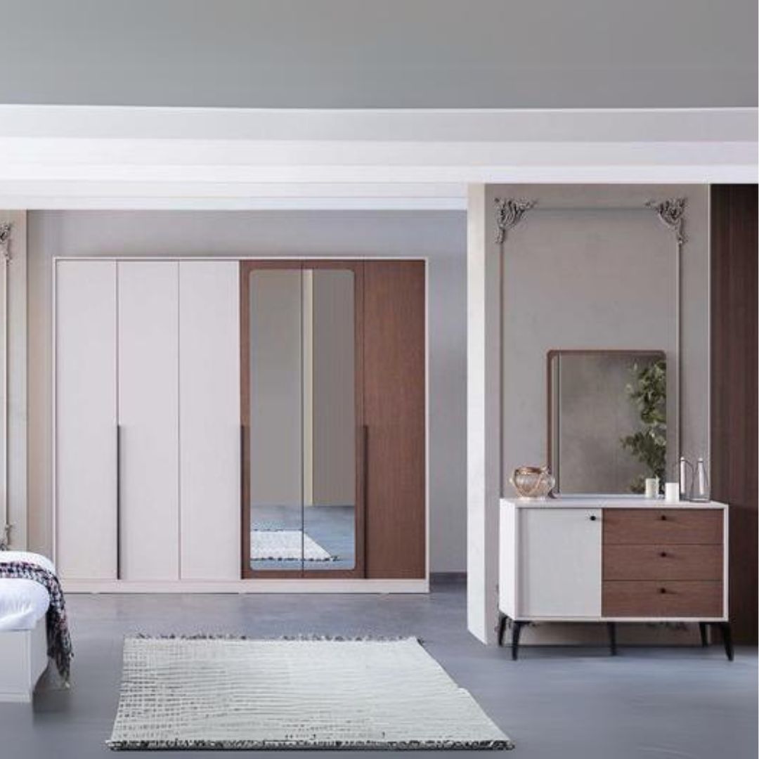 Camera da letto con armadio con specchi e letto contenitore colore beige - Piedra