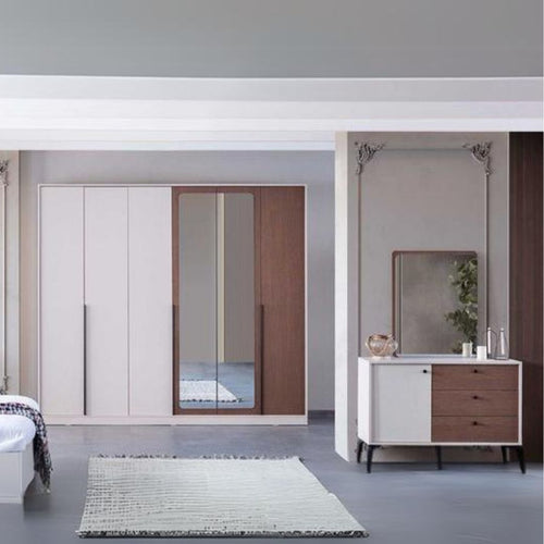 Chambre avec armoire à miroirs et lit coffre couleur beige - Piedra