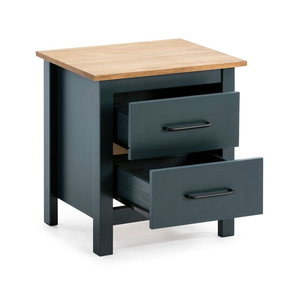 Comodino 2 cassetti in legno massiccio colore blu e pino Miranda