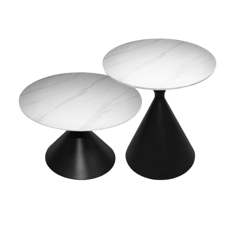 Set 2 tavolini da salotto con piano effetto marmo bianco e gambe in metallo nero Punto