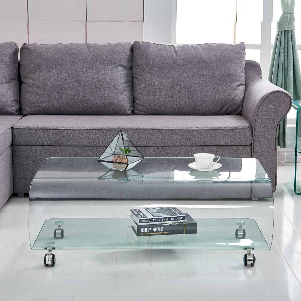 Tavolino basso in vetro temperato curvato con ruote 100x60x39H Magnolia