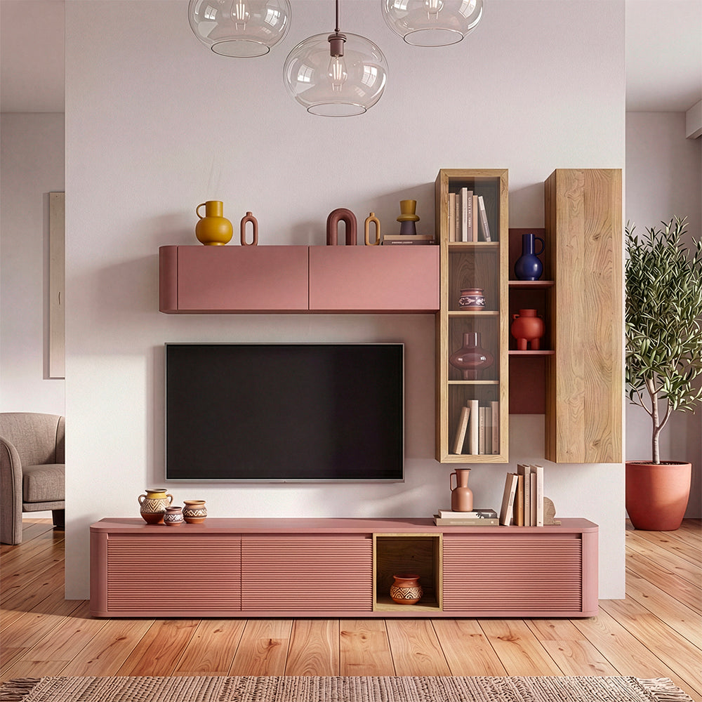 Parete attrezzata Core con porta Tv e pensili rovere e terracotta Core