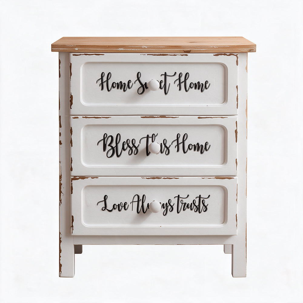 Mobile multiuso shabby chic 3 cassetti colore bianco e top overe H 70 cm Breslavia