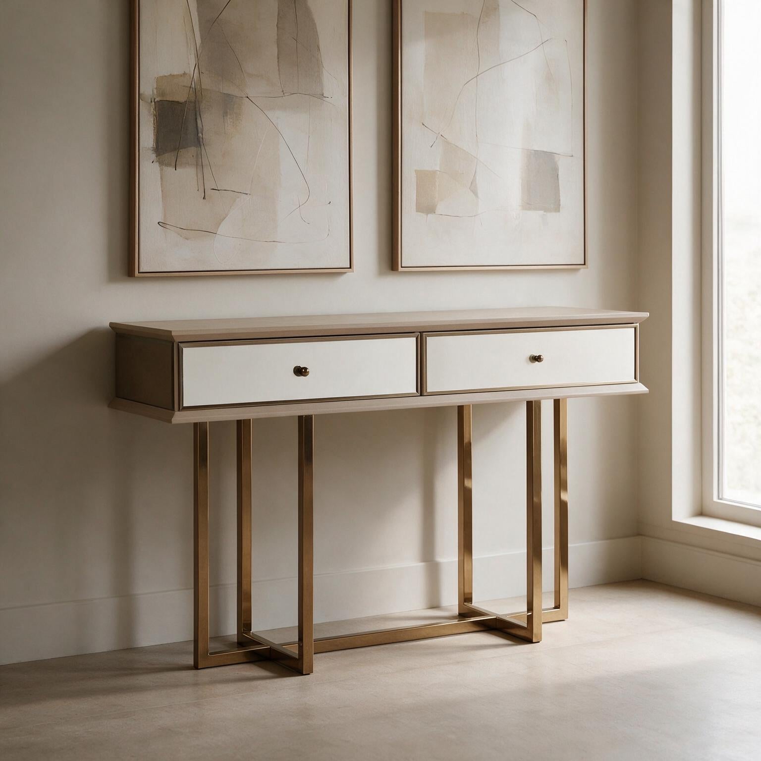Kommode mit Goldfüßen und 2 Schubladen, Oberfläche Nerzcreme 140.4x80.3H cm - Eliza