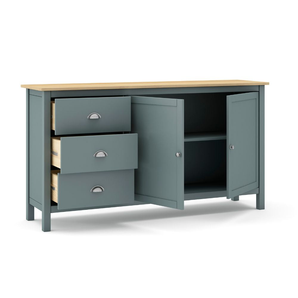 Anrichte mit 2 Türen und 3 Schubladen aus Massivholz, Khakigrün und Eiche Misti 150x40x80H