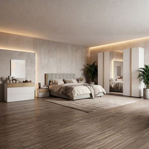 Camera da letto con armadio 6 ante specchiato e letto contenitore colore bianco e rovere Amor