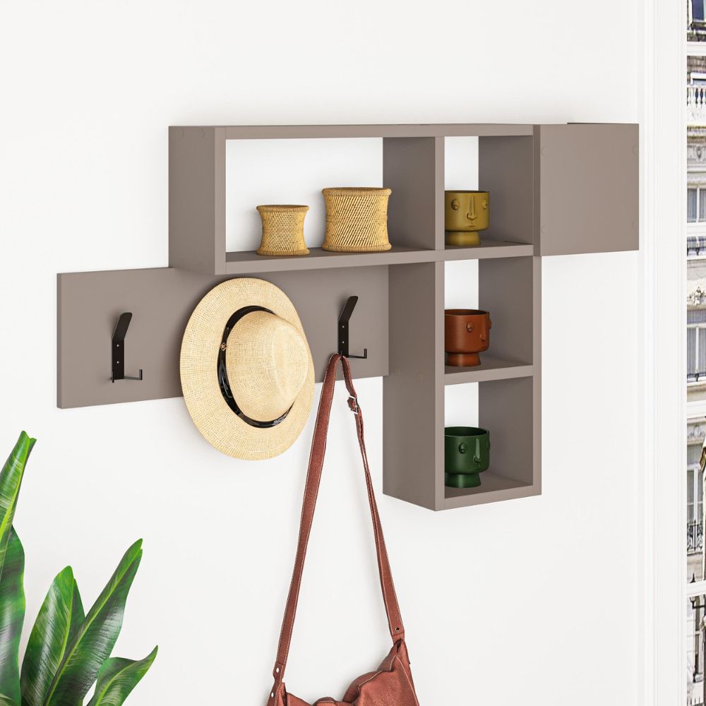 Wandgarderobe mit Haken und Ablagen in Taupe - Game