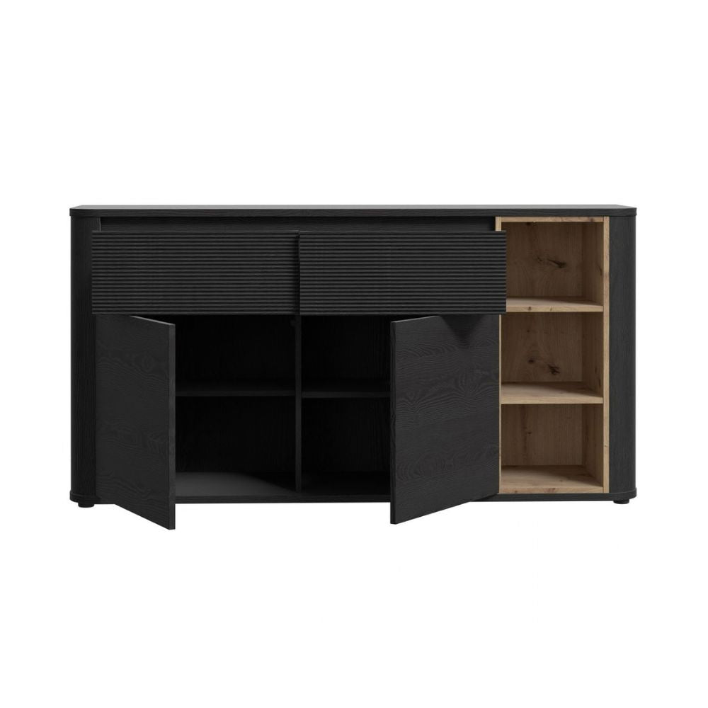 Madia 2 ante 2 cassetti con vani a giorno 160 cm nero e dettaglio rovere Origin Core