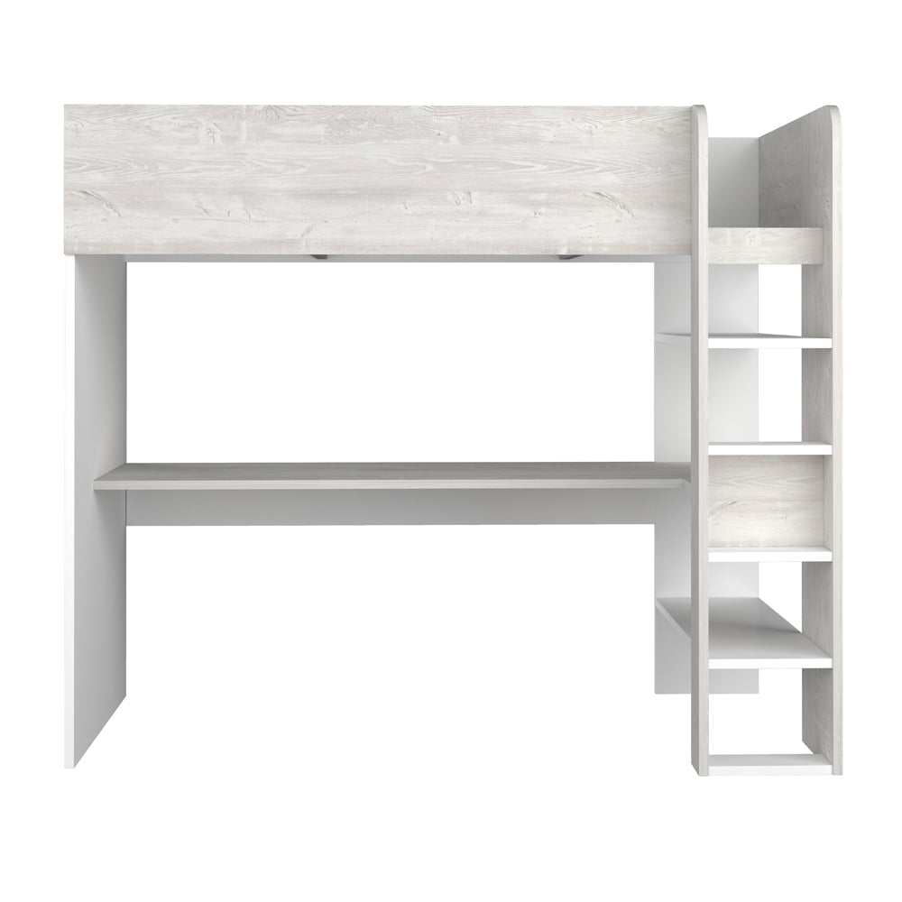 Cameretta con letto a soppalco e scrivania sottostante colore bianco e bianco consumato
