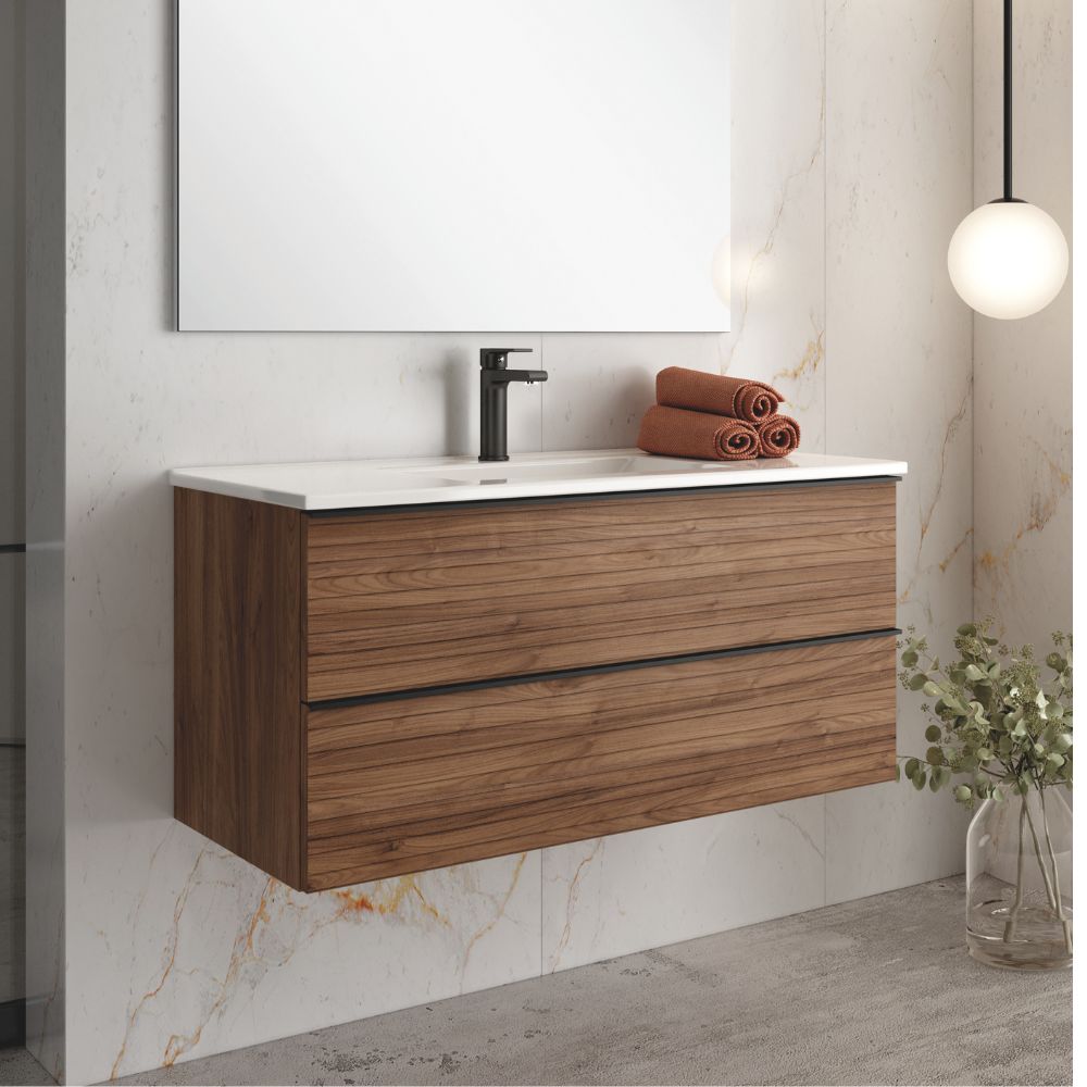 Meuble de salle de bain suspendu 100 cm avec 2 grands tiroirs couleur noyer effet cannelé - Elius