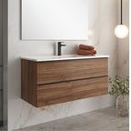 Meuble de salle de bain suspendu 100 cm avec 2 grands tiroirs couleur noyer effet cannelé - Elius
