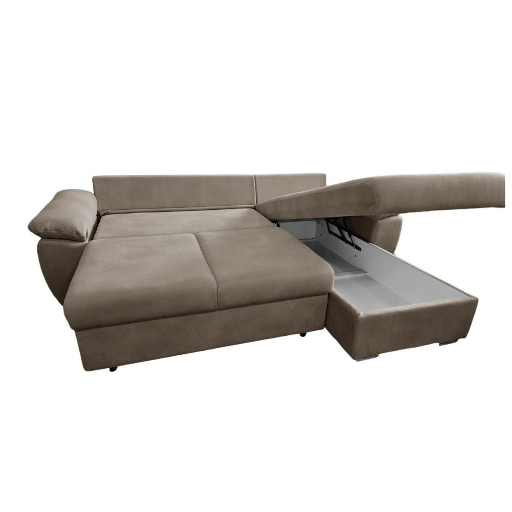 Divano letto con penisola reversibile e contenitore colore cappuccino 260x182x89H Alberta