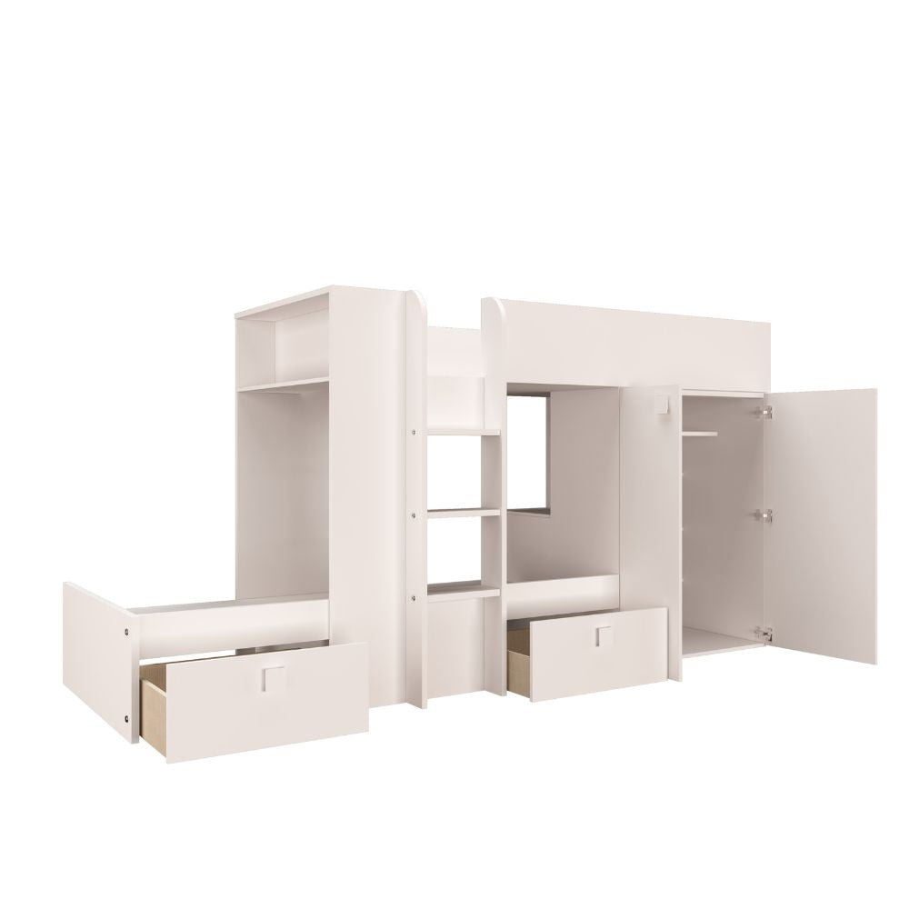 Lit superposé avec armoire et tiroirs couleur blanc 295x110x150H - Witt