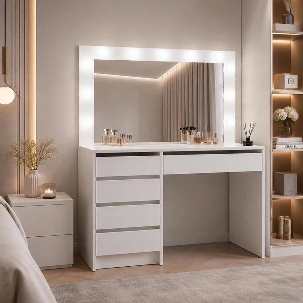 Toeletta trucco Elite bianca con specchio 5 cassetti e lampadine LED 120x55x142,6H
