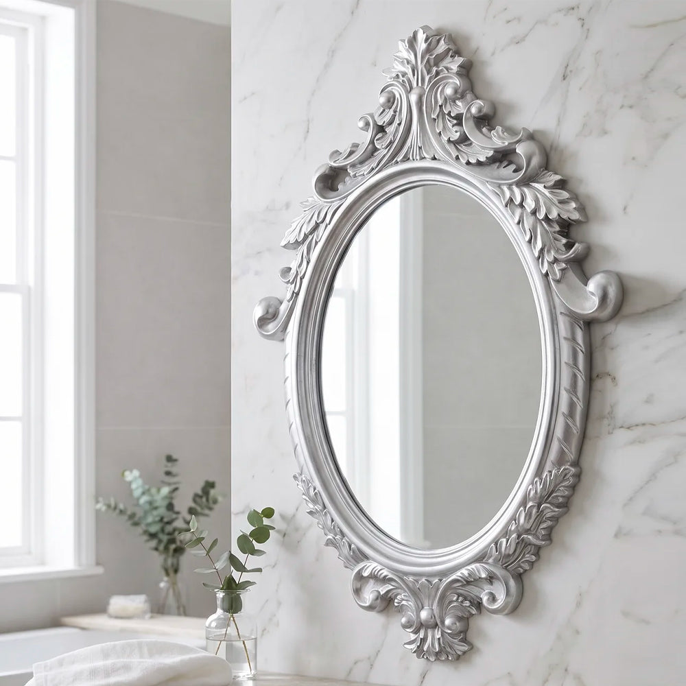 Specchio decorativo ovale da parete 60x81 cm con cornice barocca silver MR8360