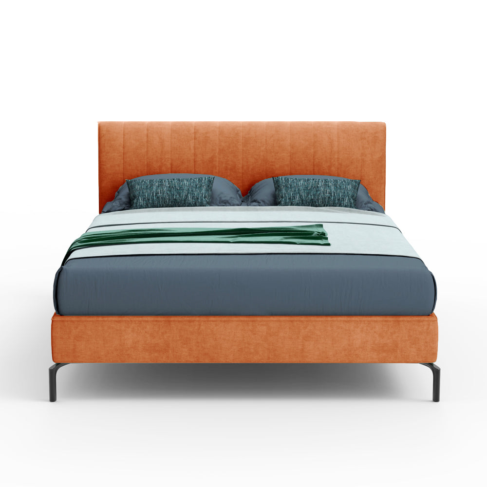Letto matrimoniale con contenitore e testiera cuciture verticali colore arancio - Aki
