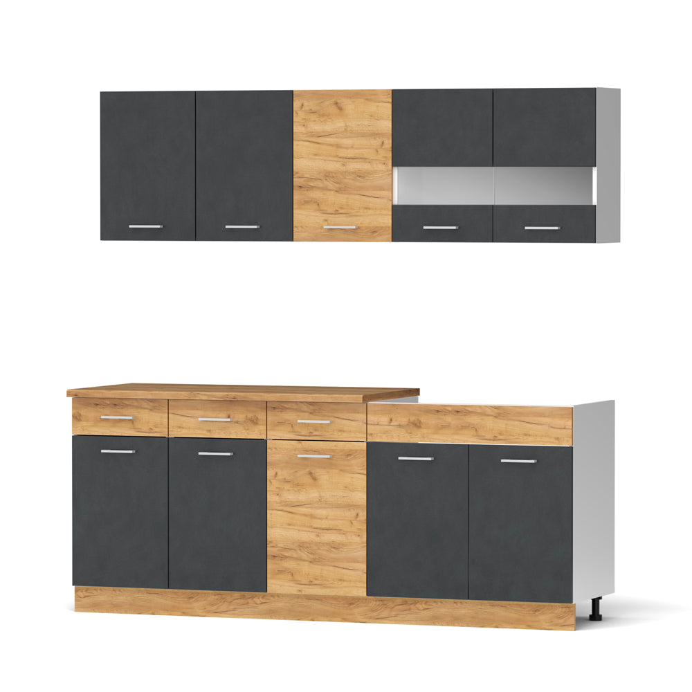Cucina monoblocco 160 cm con lavello e pensili colore rovere e grigio Erika