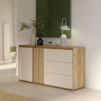 Madia con 3 cassetti e anta cannettata colore rovere e cashmere Neutra