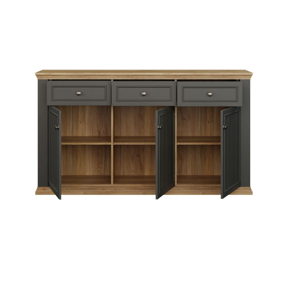 PNTK232-Q243 SIDEBOARD ESSENZA MIT 3 SCHUBLADEN UND 3 TÜREN FARBE DUNKELGRAU UND EICHE