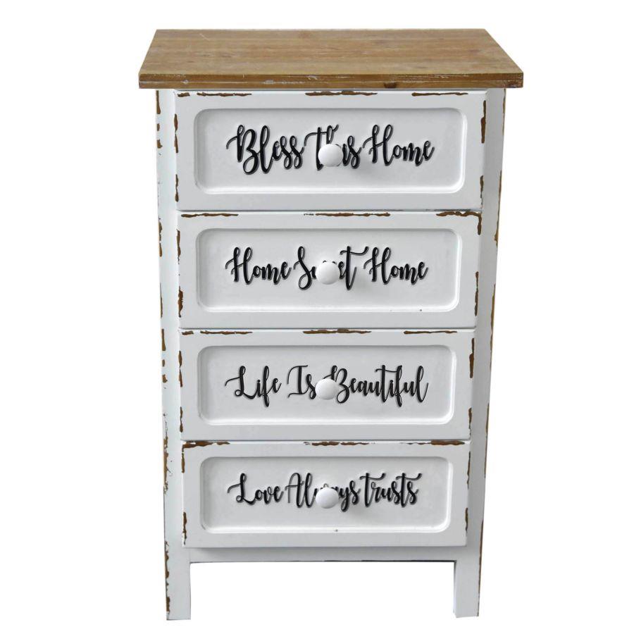Mobile multiuso shabby chic 4 cassetti bianco e top rovere H 88 cm Breslavia