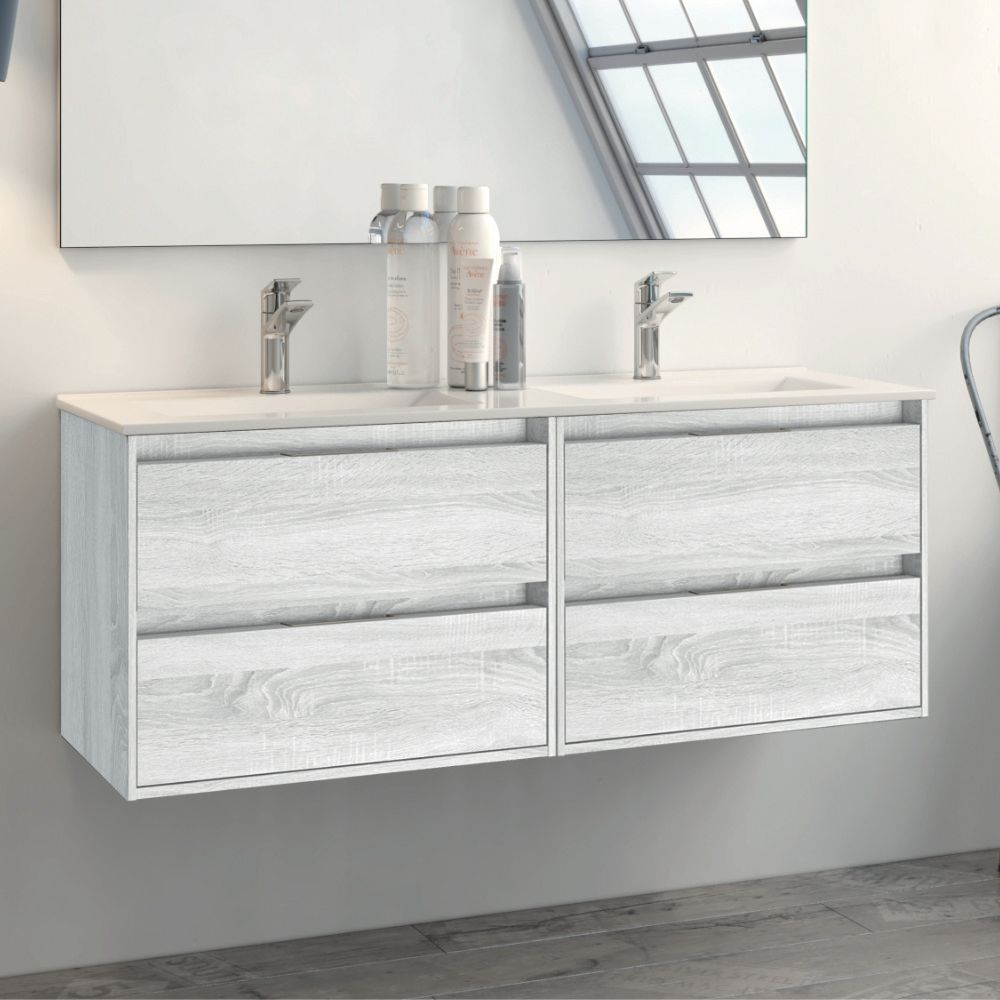 Mobile bagno sospeso doppio lavabo 4 cassetti 120x45x48H colore rovere grigio ghiaccio Bolton