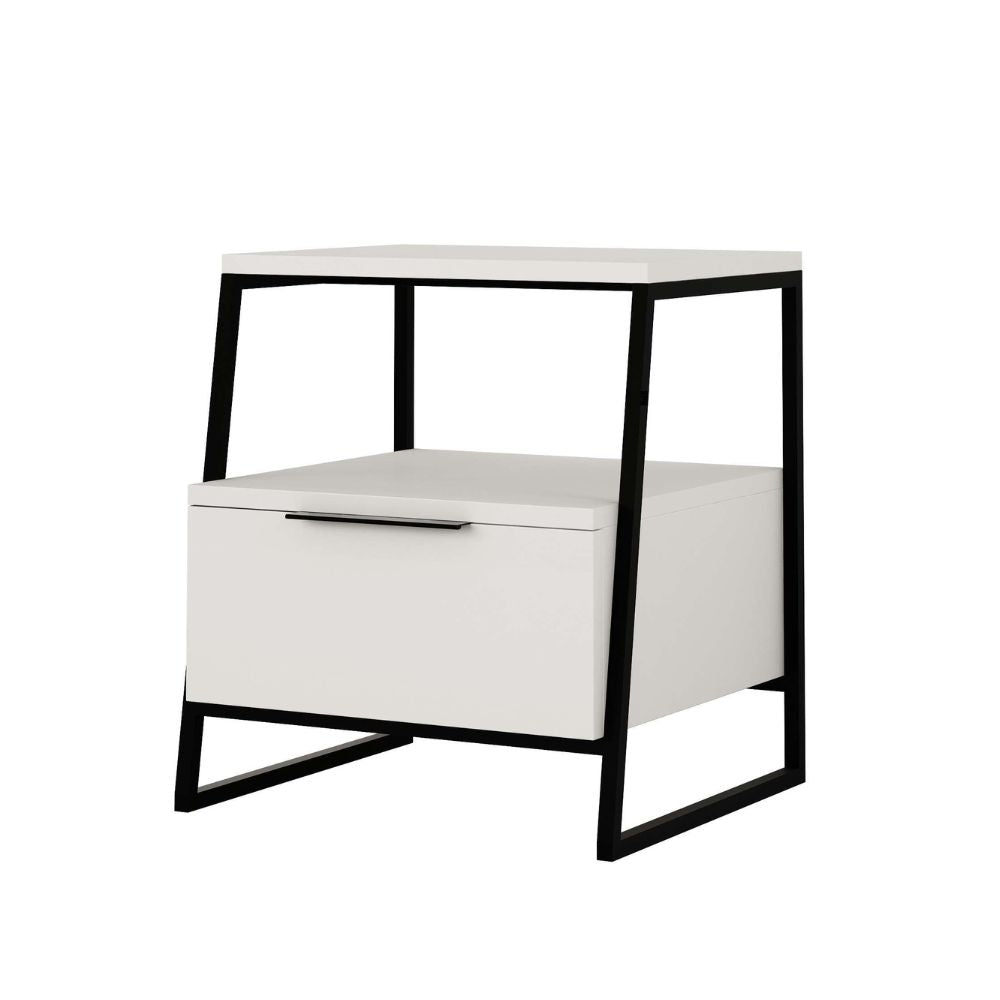 Nachttisch mit Schublade und Ablagen, weiß, mit schwarzen Metallfüßen 45x41x50H cm – Paul