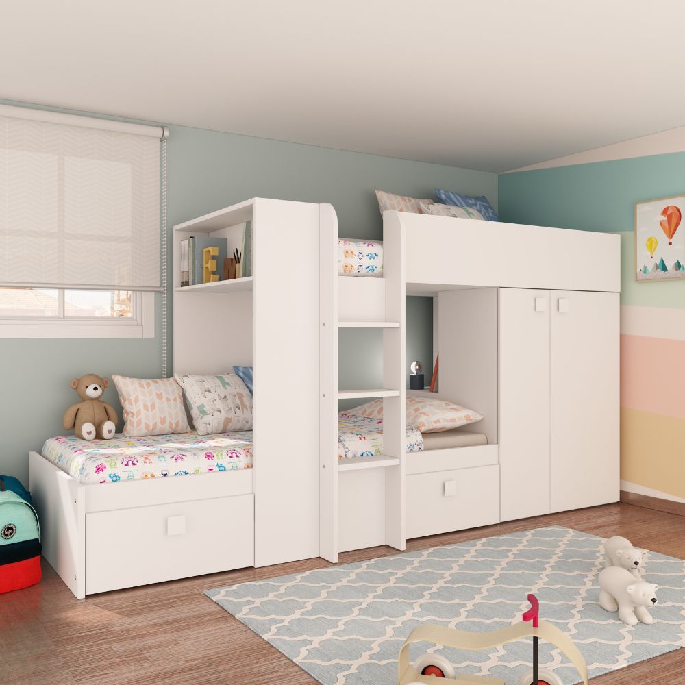 Lit superposé avec armoire et tiroirs couleur blanc 295x110x150H - Witt