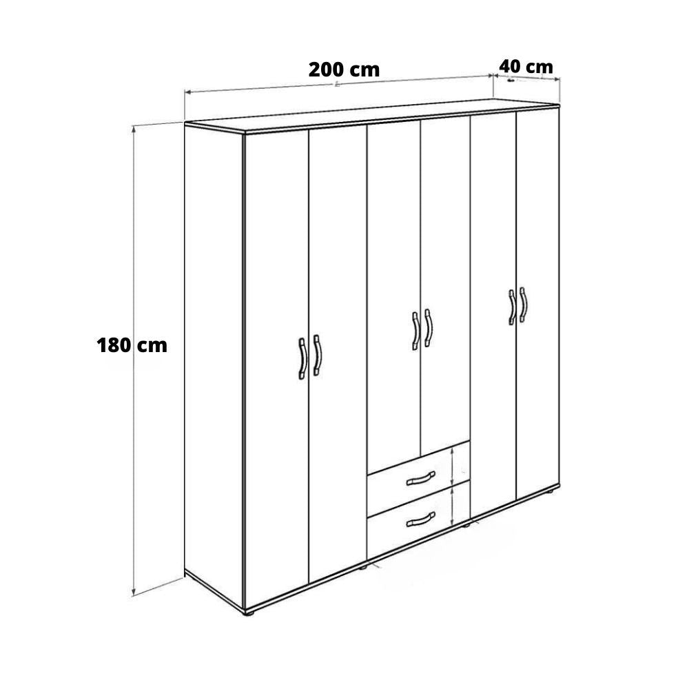 Armadio con 6 ante e 2 cassetti colore rovere 200x180H cm - GRD4262023
