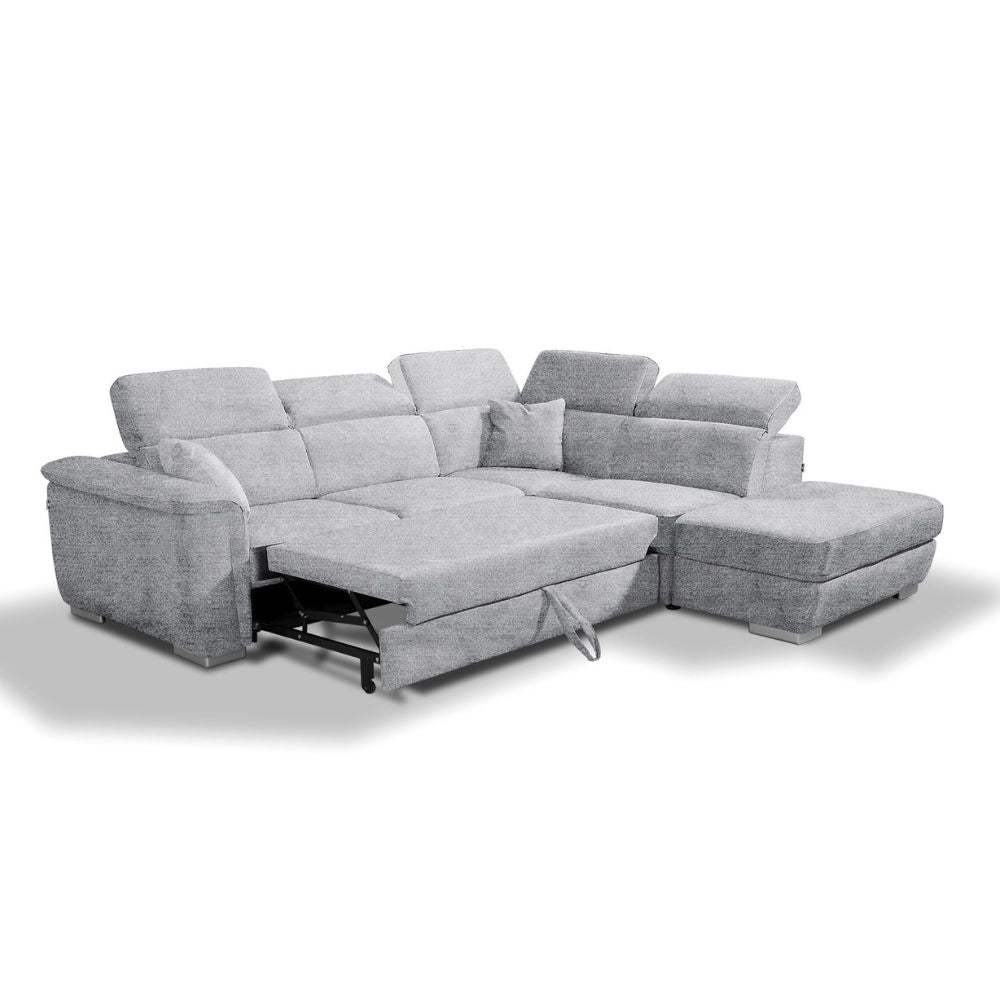 Ecksofa Carovigno mit rechter Ottomane und Stauraum-Pouf 270x240x75H aus grauem Teddystoff