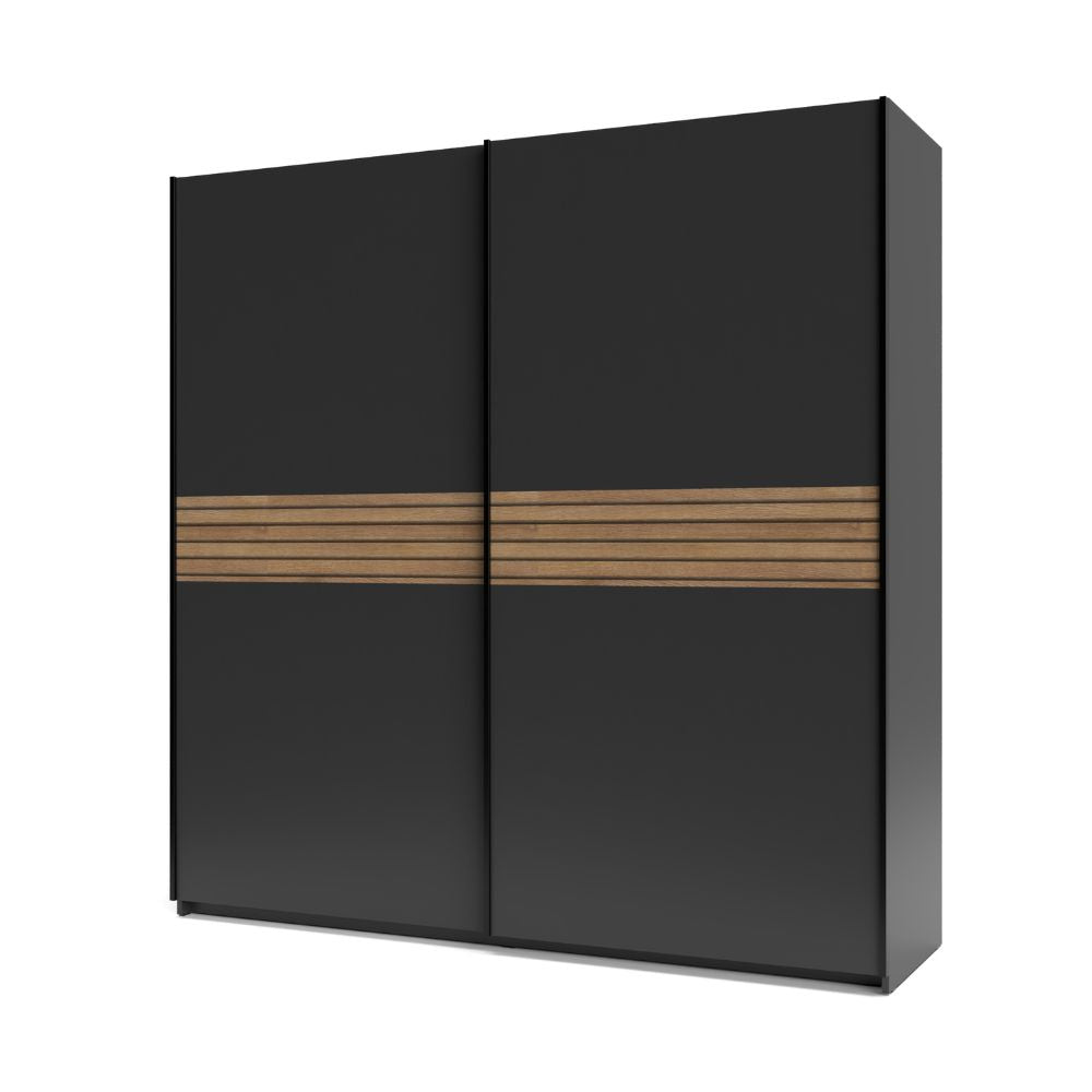 Armadio due ante scorrevoli Metropol colore antracite e inserti rovere - 200x58,1x204,5H