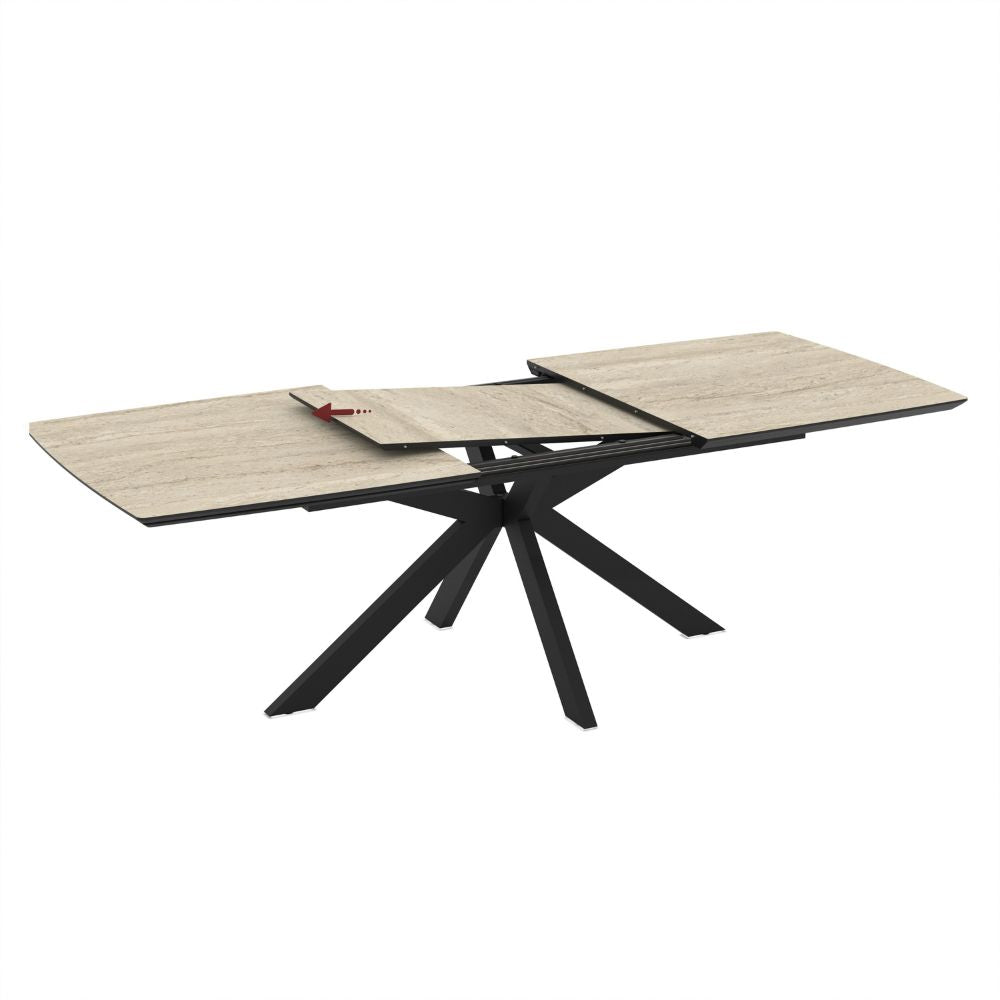 Table extensible plateau effet marbre travertin beige et piètement noir 180/240x100x76H Verano