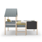 Letto singolo rialzato a forma di casetta in legno massiccio colore verde cachi e pino - Minty