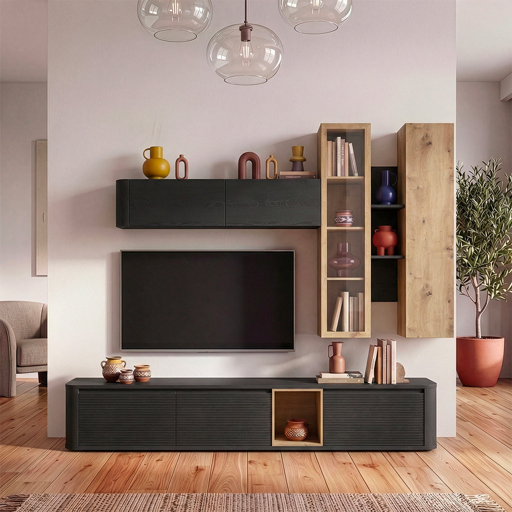Parete attrezzata con porta Tv e pensili rovere e nero Core