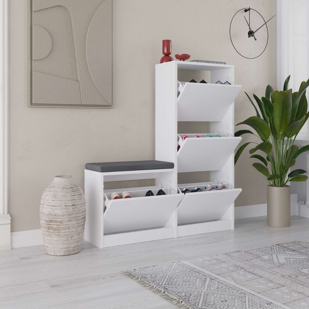 Meuble à chaussures avec banc 4 portes abattantes couleur blanc 105x26x118,5H Dude