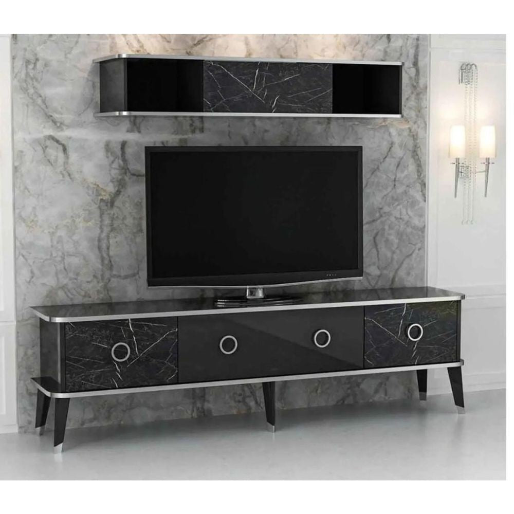 Porta tv con pensile Bientv 180 effetto marmo nero particolari argento