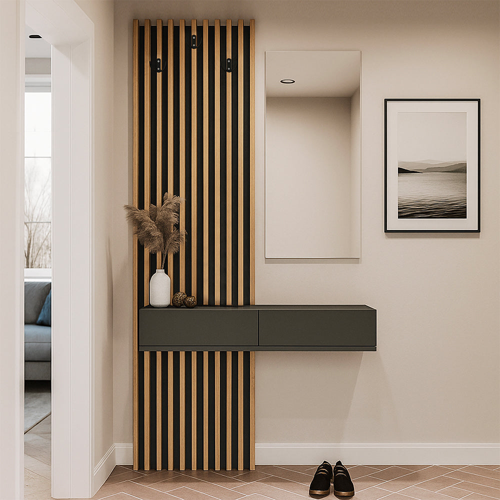 ENTRÉE ELOIS ANTHRACITE CHÊNE AVEC 3 PATTÈRES ET MIROIR