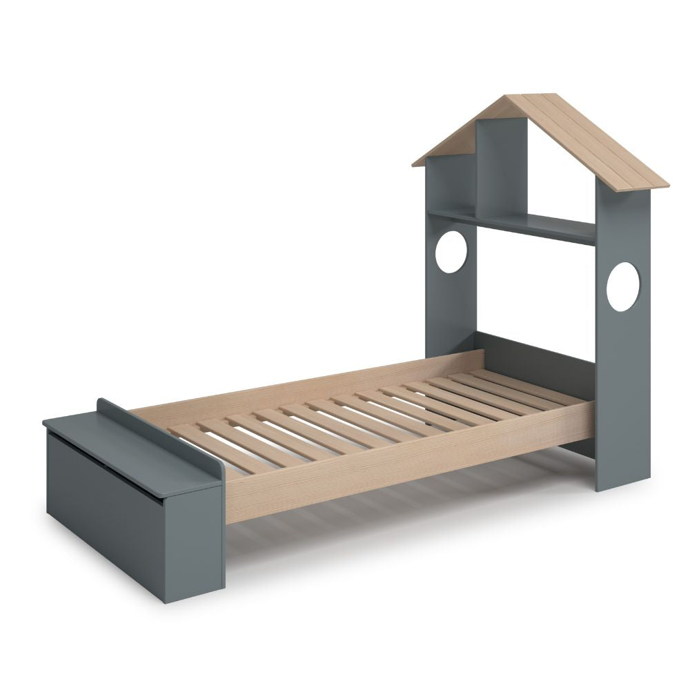Letto singolo in legno con testiera a casetta e pediera contenitore colore verde cachi e pino - Odessa