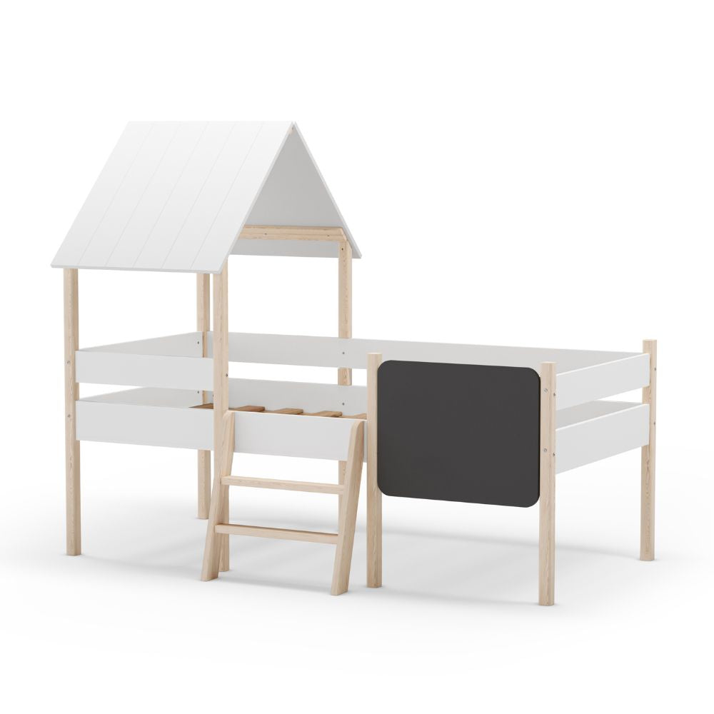 Massives Einzel-Hochbett in Hausform, weiß und kieferfarben - Minty