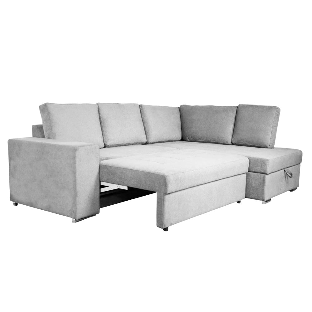Divano letto angolare con penisola contenitore in tessuto grigio chiaro 248x176x92H Bali