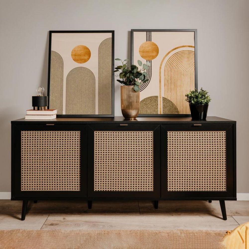 Madia 150 cm con 3 ante colore nera con frontali effetto vimini - Vienna51A