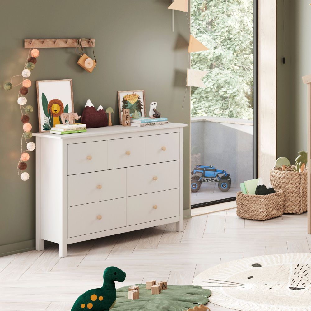 Cassettiera in legno massiccio con 7 cassetti colore bianco 110x40x80H cm - Max