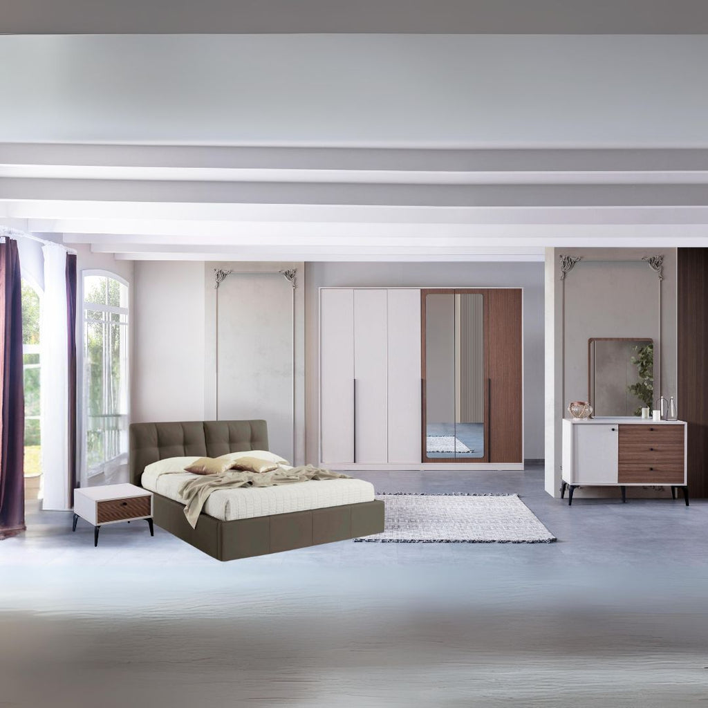 Camera da letto con armadio con specchi e letto contenitore colore beige - Piedra