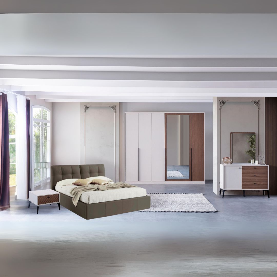 Camera da letto con armadio con specchi e letto contenitore colore beige - Piedra